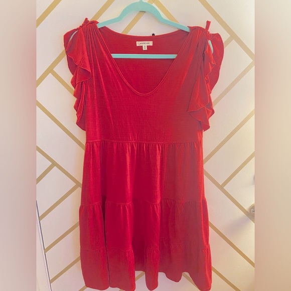 Max Studio Soft Red Tiered Spring Dress w/ Tied Flutter Sleeves - Picture 1 of 4